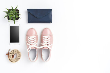 Collection of female outfit with accessories. Flat lay