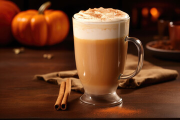 A pumpkin spice latte with whipped cream and a sprinkle of cinnamon. Ornamental pumpkins on wooden background. Generative AI