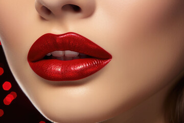 Beauty red lips makeup detail. Make up concept. Kiss. Generative AI