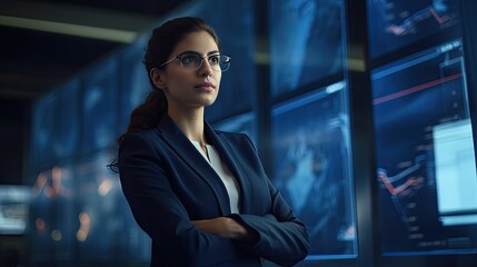Model emphasizing her strategic thinking in a navy-blue attire, set in a tech-infused smart office.
