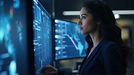 Model emphasizing her strategic thinking in a navy-blue attire, set in a tech-infused smart office.