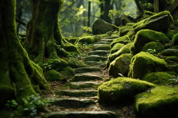 Crédence de cuisine en verre imprimé Route en forêt A moss covered old stone pathway in a forest. Mystic atmosphere. Generative AI