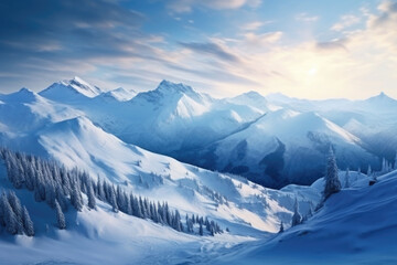 Fototapeta na wymiar Amazing morning winter landscape with mountains. Generative AI