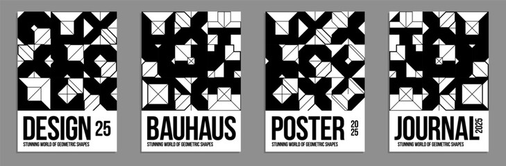 Geometric black and white vector posters and covers in Bauhaus style, layout for advertisement sheet, monochrome tech engineering style shapes mechanical.