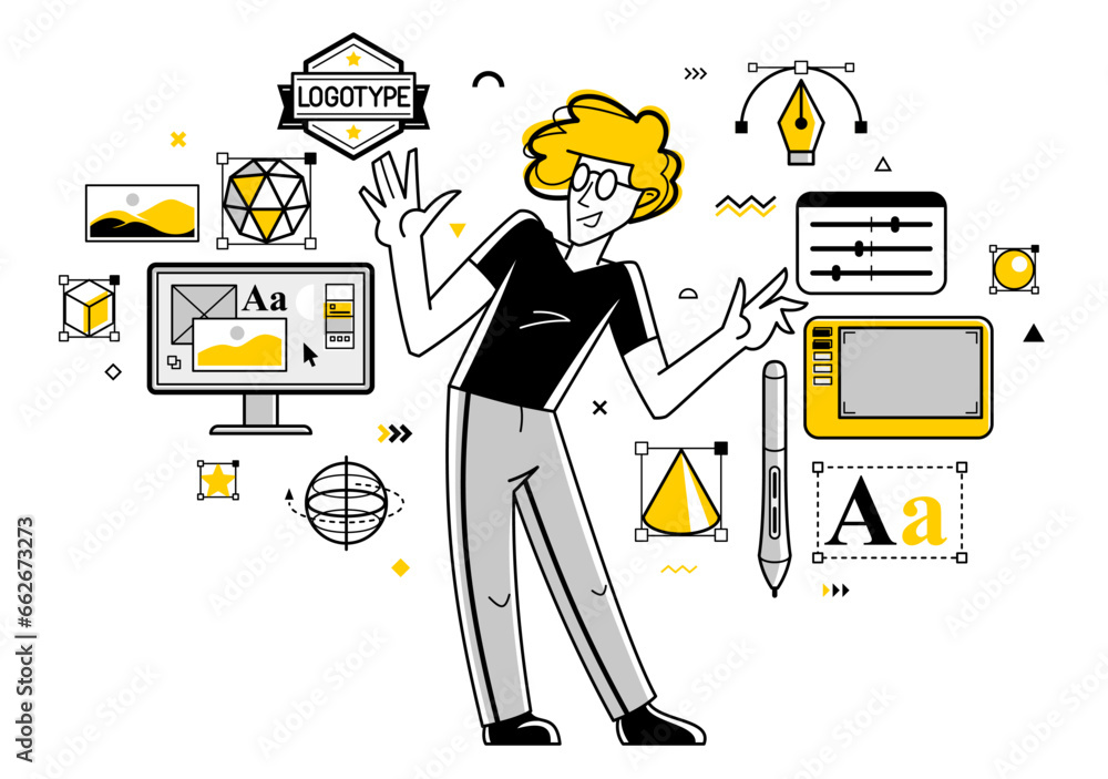 Poster graphic designer doing some creative job using computer software, digital visual artist working on a