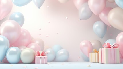 Birthday background with balloons in soft pastel colors.