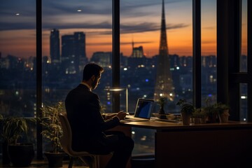 Fototapeta na wymiar Working late in an office: Businessman using laptop at her desk in evening near the big window. AI generative