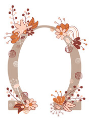Composition of flowers, plants and a rainbow decorates the Greek letter Omega. Vector illustration for logo, label, greeting card.