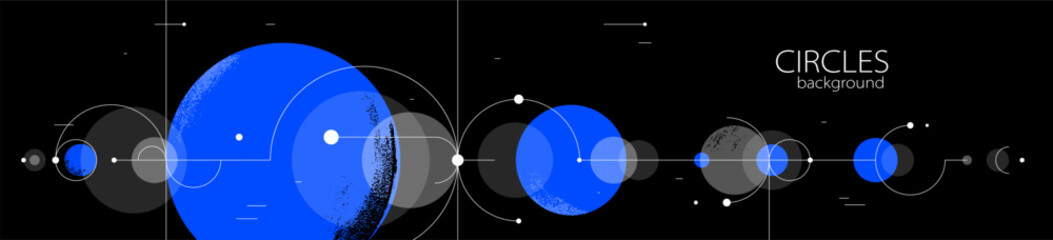 Obraz premium Geometric background with circles and lines vector art, abstract composition technical plan, flat minimal techno system.