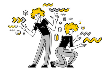 Inspired inventive designer or engineer composing abstract elements, creative worker doing some job and creating some system, vector outline illustration.