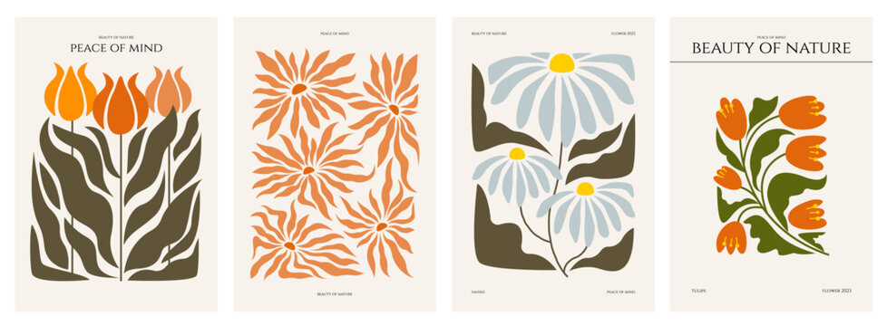 Abstract floral painting cover. Hand drawn collage with flowers in vase, floral wallpaper and poster design. Vector minimalistic botanical cover collection