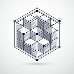 Modern isometric vector abstract black and white background with geometric element. Layout of cubes, hexagons, squares, rectangles and different abstract elements.