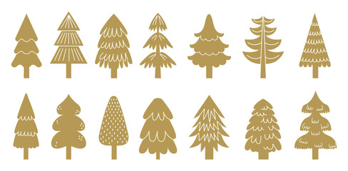 Golden christmas tree icons of collection for holiday