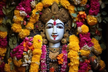 sculpture of a deity surrounded by beautiful flowers