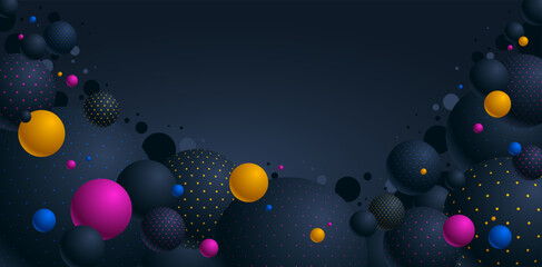 Abstract black and color dotted spheres vector background with copy space, composition of flying balls decorated with dots, 3D mixed globes