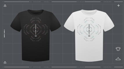 Men's t-shirt with futuristic print mockup. Front view. Vector template. Cyber Hud Design print.