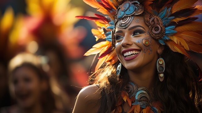 Bright and colorful traditional Philippine festival. Filipino girl with ethnic makeup and a bright feather headdress