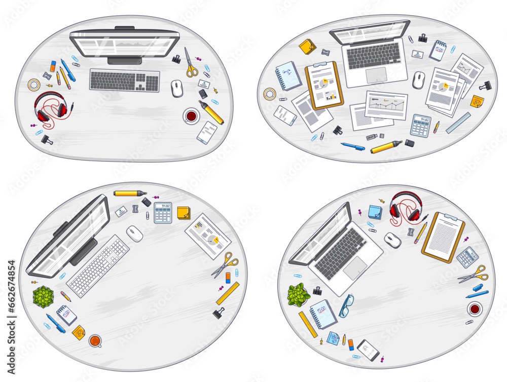 Poster office desks workspaces top view with pc and laptops and diverse stationery objects for work, overhe