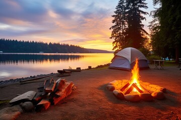 a campsite with a bonfire and tents on scenic lakeside - obrazy, fototapety, plakaty