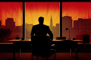 Fototapeta premium Silhouette of a villain from behind, sitting on a chair, orange background illustration