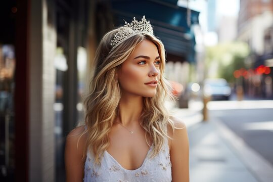 A beautiful blonde girl in a precious diamond crown with dark hair in a summer dress walks along the streets of the city. Fashionable romantic image of a beauty queen.
