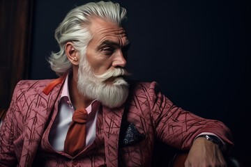 A fashionable, positive elderly man with gray hair and a beard in stylish bright clothes sits in the studio against a dark background. Old, confident hipster, close-up, dramatic lighting.