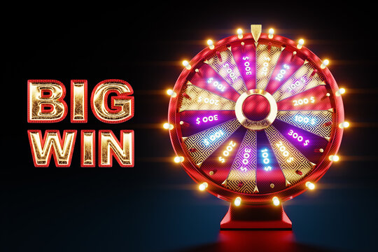 Wheel of fortune with the inscription big win. Casino concept, winner, prize game, luck, gambling, gambling establishments. Design template, 3D illustration, 3D Render,