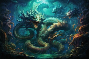 Fototapeta na wymiar Ancient sea serpents, guardians of hidden treasures beneath the ocean depths - Generative AI