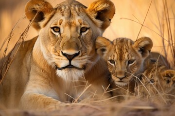 Fototapeta premium a lioness sharing her with her cubs