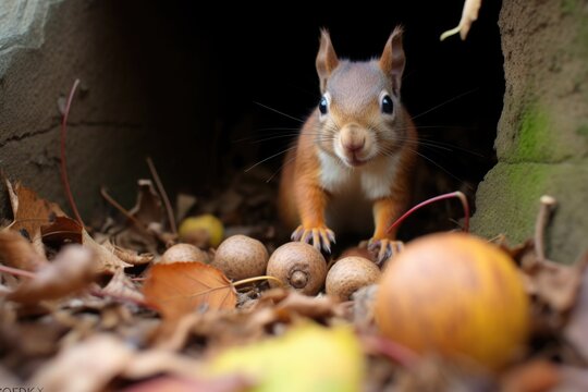 a squirrel hoarding acorns in a secretive spot