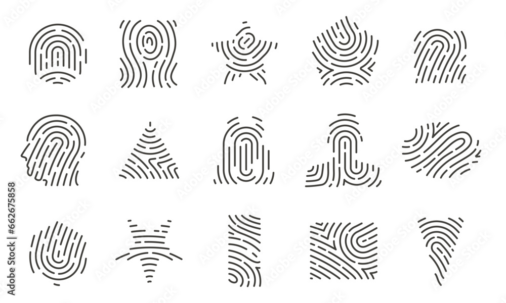 Poster fingerprint shapes. minimalistic circular fingerprint icons, face thumbprint and iris scan, id card 