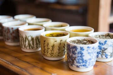 a row of tea cups with variations of calming herbal tea