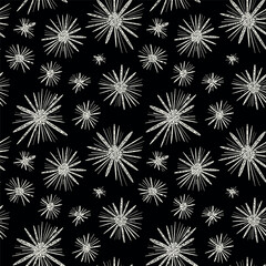 Vector seamless pattern.Monochrome  exploding spots. Modern repeating texture. Fancy starry print. Stylized fireworks for holiday design.