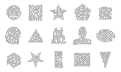 Fingerprint shapes. Minimalistic circular fingerprint icons, face thumbprint and iris scan, id card and security protection. Vector isolated set - obrazy, fototapety, plakaty