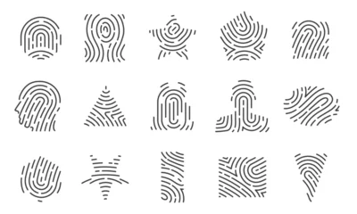 Foto op Plexiglas Fingerprint shapes. Minimalistic circular fingerprint icons, face thumbprint and iris scan, id card and security protection. Vector isolated set © Tartila