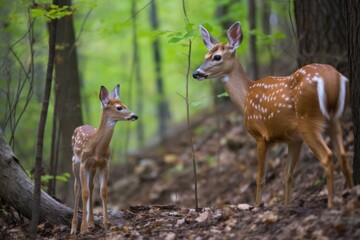 a deer lovingly gazes at its fawn