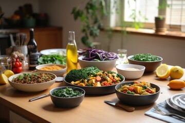 a vegan meal with ingredients shown on kitchen table