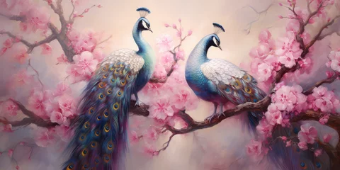 Fotobehang painting of glowing peacocks sitting on a glowing pink blossom tree © Kien