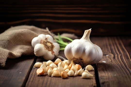 garlic bulbs and cloves on a rustic table