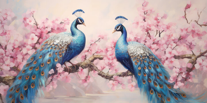 painting of glowing peacocks sitting on a glowing pink blossom tree