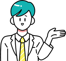 手を差し出し案内する男性医師のシンプルなイラスト