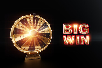 Wheel of fortune with the inscription big win. Casino concept, winner, prize game, luck, gambling, gambling establishments. Design template, 3D illustration, 3D Render,
