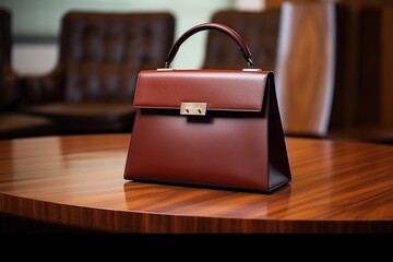 high-end designer handbag on a polished mahogany table