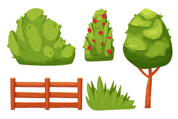 Set Hedge green bush forest or backyard plant with leaves, tree, wooden fence in cartoon style isolated on white ackground. Game decoration, clip art.
