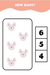 How many rabbit are there? Educational math game for kids. Printable worksheet design for preschool or elementary kids. Activities for children.
