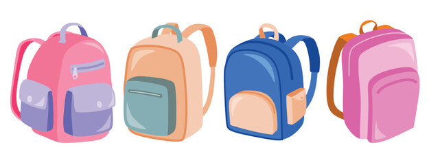 Cute colorful school bags set cartoon isolated on white background. 