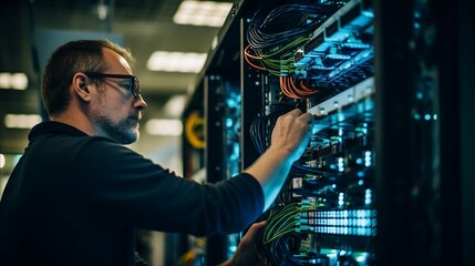 A skilled IT professional inspecting a server room or conducting repairs.
