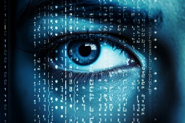 Close up of one female eye reflecting technology and blended with coding number, symbolizing the concept of cyber security