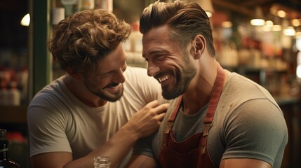 Two male friends share a genuine laugh, highlighting the evolving concept of masculinity in everyday settings. The warmth and authenticity in their interaction dispel stereotypes - obrazy, fototapety, plakaty