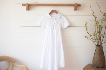 white baptismal gown draped over a wooden hanger